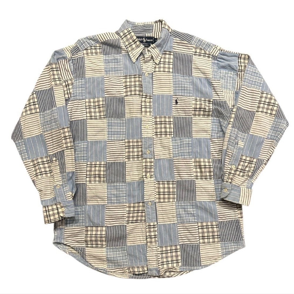 Vintage Polo Ralph Lauren Blue Indigo Shirt Patchwork Madras Button-Up Large L